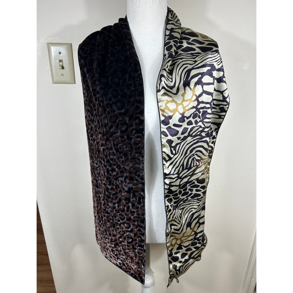 Caron Miller Scarf Brown Gold Reversible Velvet Satin Animal Print Wrap Mob Wife